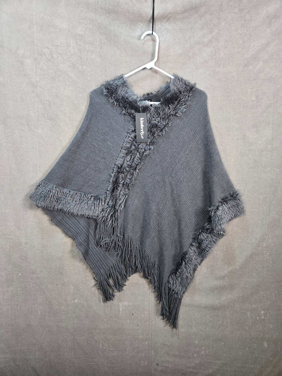 kimberly.c Poncho Gray Fuzzy Fringe Knit One Size New Without Tags V-Neck