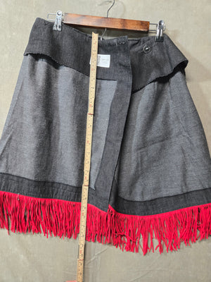 Women's Gray Wrap Mini Skirt Red Fringe Hem Western Cowgirl Boho Rodeo 2