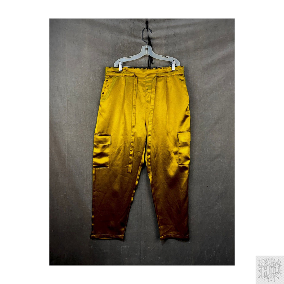 Vibrant Gold Satin Cargo Pants with Pockets and Elastic Waist