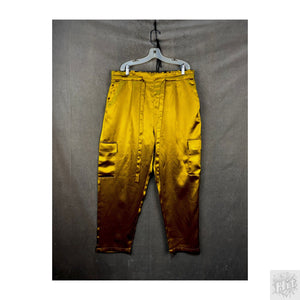 Vibrant Gold Satin Cargo Pants with Pockets and Elastic Waist 1