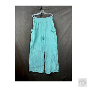 Mint Green Casual Wide-Leg Pants with Pockets, Elastic Waist 1