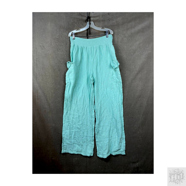 Mint Green Casual Wide-Leg Pants with Pockets, Elastic Waist