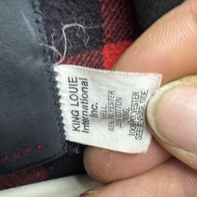 King Louie Vintage Mens Jacket Large Black Red Buffalo Plaid Lined Pre-Owned