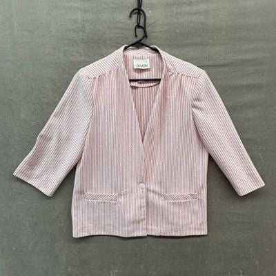 Devon Blazer Womens 16 Red White Striped 3/4 Sleeve Open Front Single Button