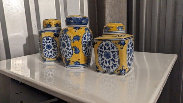 Vintage Asian Ceramic Lidded Vases Blue Yellow White with 2 Bonus Pre-Owned