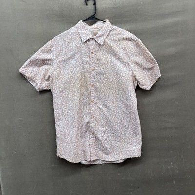 SQWEAR Shirt Mens Large Orange Blue Geometric Short Sleeve Button Up Polyester