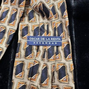 Oscar de la Renta Tie Mens Classic Geometric Pattern Blue Gold Silk Neckwear 3