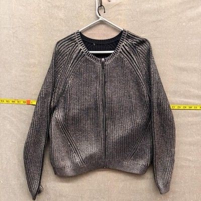 DKNY Womens Sweater Black Silver Metallic Zip Front Raglan Knit Bomber Jacket Pr