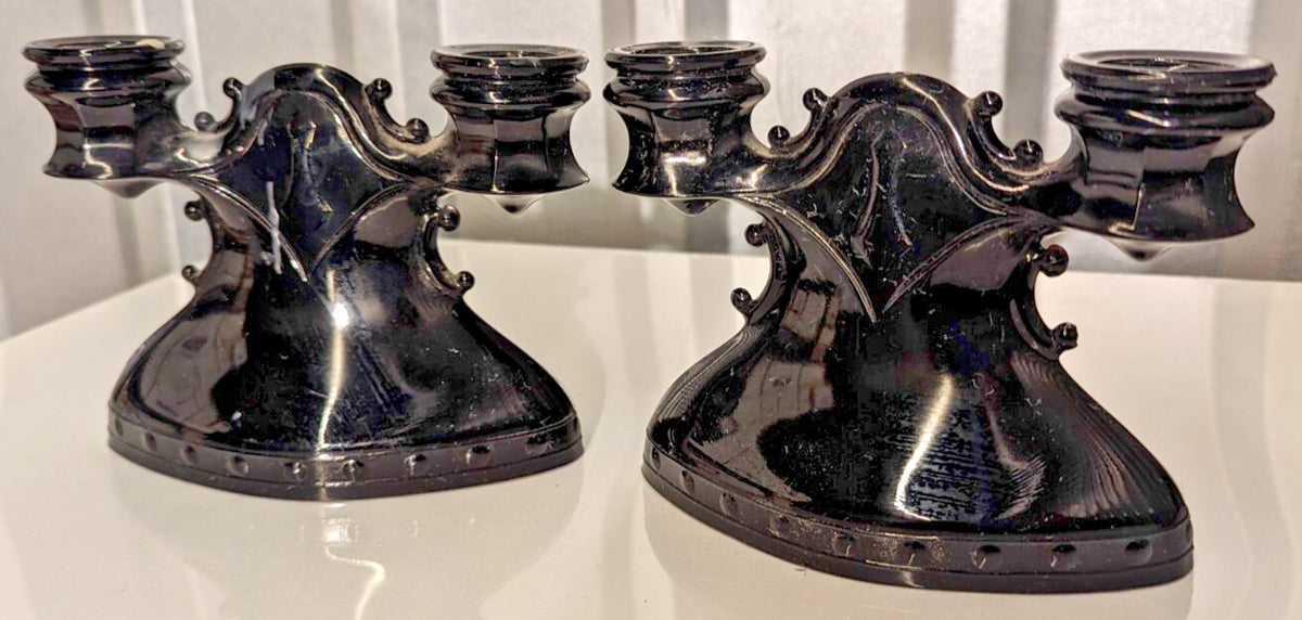 2 Art Deco 1930’s Vintage LE Smith Black/ amythest glass double candle holders