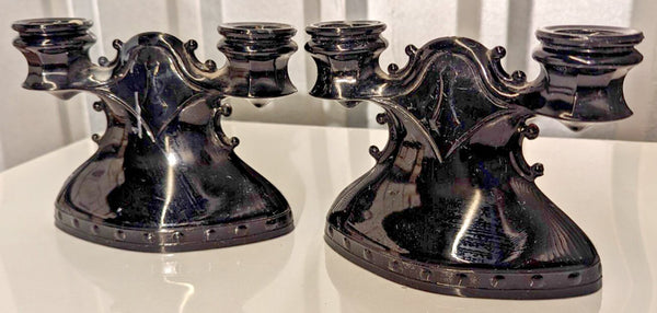 2 Art Deco 1930’s Vintage LE Smith Black/ amythest glass double candle holders