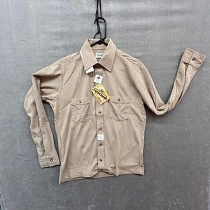 Vintage Gimbels Shirt Mens Medium Tan Faux Suede Arnel Nylon Knit Made USA 70s 1