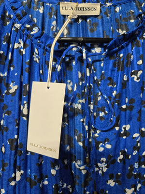 Ulla Johnson Cobalt Blue Floral Tiered Midi Dress Ruffle Tie Neck Size 4 NWT 2