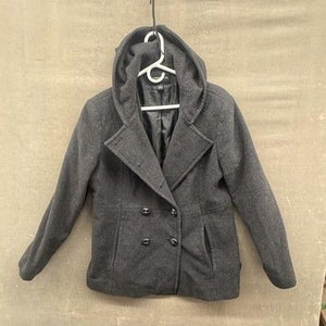 London Fog Jacket Womens Large Gray Wool Blend Hooded Double Breasted Coat Lined 1