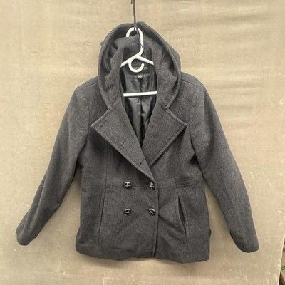 London Fog Jacket Womens Large Gray Wool Blend Hooded Double Breasted Coat Lined