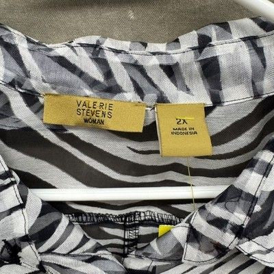 Valerie Stevens Blouse Womens 2XL Black White Zebra Print Sheer Button Up Top