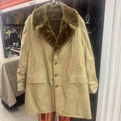 Brooks Brothers Mens Coat XL Faux Fur Lined Button Up Vintage 70s Pre-Owned Good