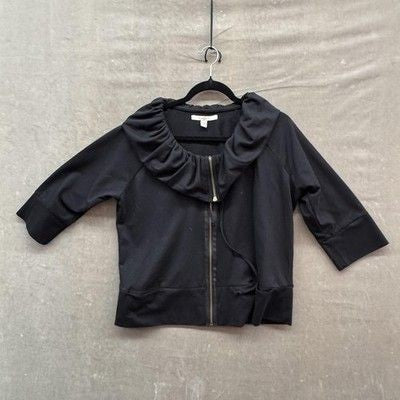 Ruffle Collar Zip Jacket Womens Large Black 3/4 Sleeve Cotton Blend Knit Pockets