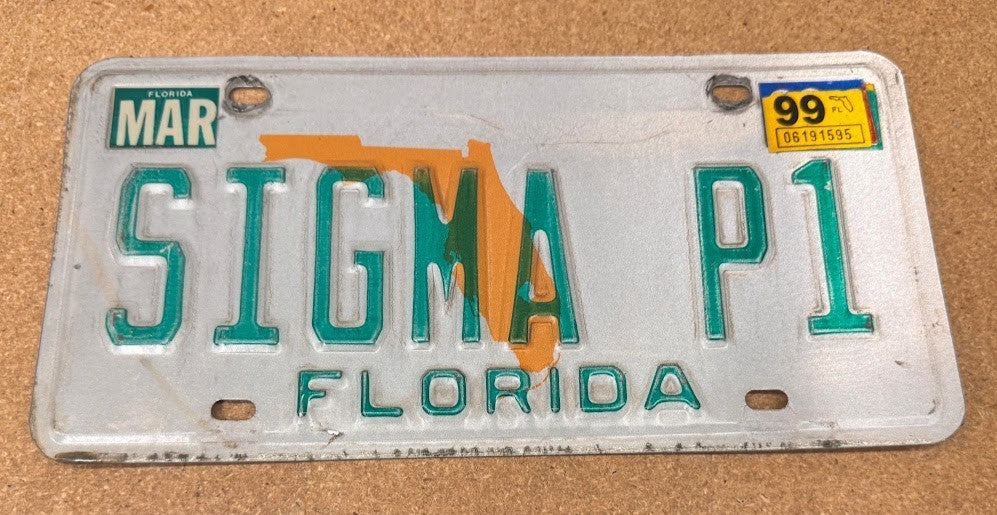 Vintage Expired Florida  License Plate - SIGMA P1 - Sigma Pi Fraternity