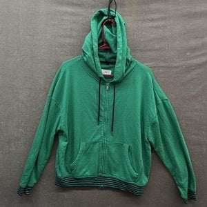 Lou & Grey Hoodie Womens Large Green Zip Up Cotton Blend Striped Hem Cuffs Navy 1