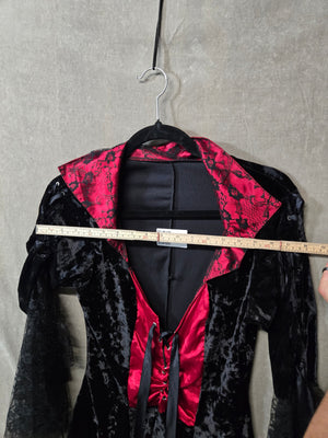 Women's Gothic Vampire Costume Dress Black Red Crushed Velvet Lace Bell Sleeve 3