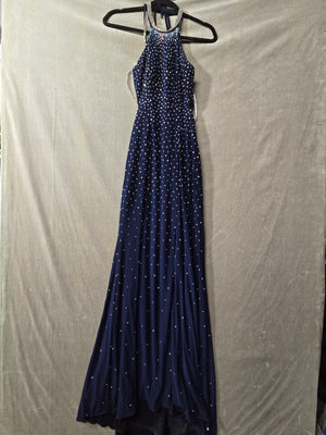 Camille Navy Blue Rhinestone Halter Prom Gown Open Back Mermaid Formal Size 0 1