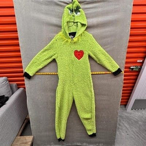 Dr Seuss Grinch One-piece Pajamas Small Green Fleece Hooded Zip Costume Used 1