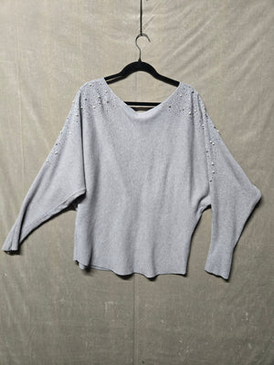 Lush Vila Milano Women's Gray Beaded Dolman Sleeve Pullover Sweater Size L NWT 2