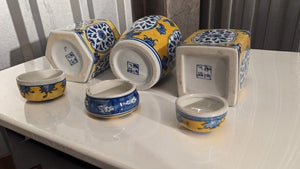Sx3 Vtg Pottery Asian Ceramic Lidded Vases Blue, Yellow, & White + 2 Bonus! 2