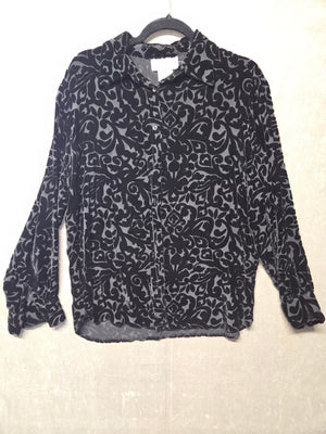 Silk Club Black Burnout Velvet Blouse Silk Rayon Damask Button Up Vintage Womens 1