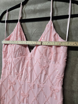Windsor Pink Beaded Bow Maxi Dress V-Neck Tie Back Prom Formal Gown Sequin 4