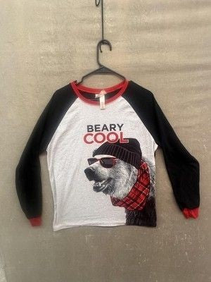 PJs + Pancakes Shirt Mens Medium Black Red Gray Beary Cool Raglan Pajama Top 1
