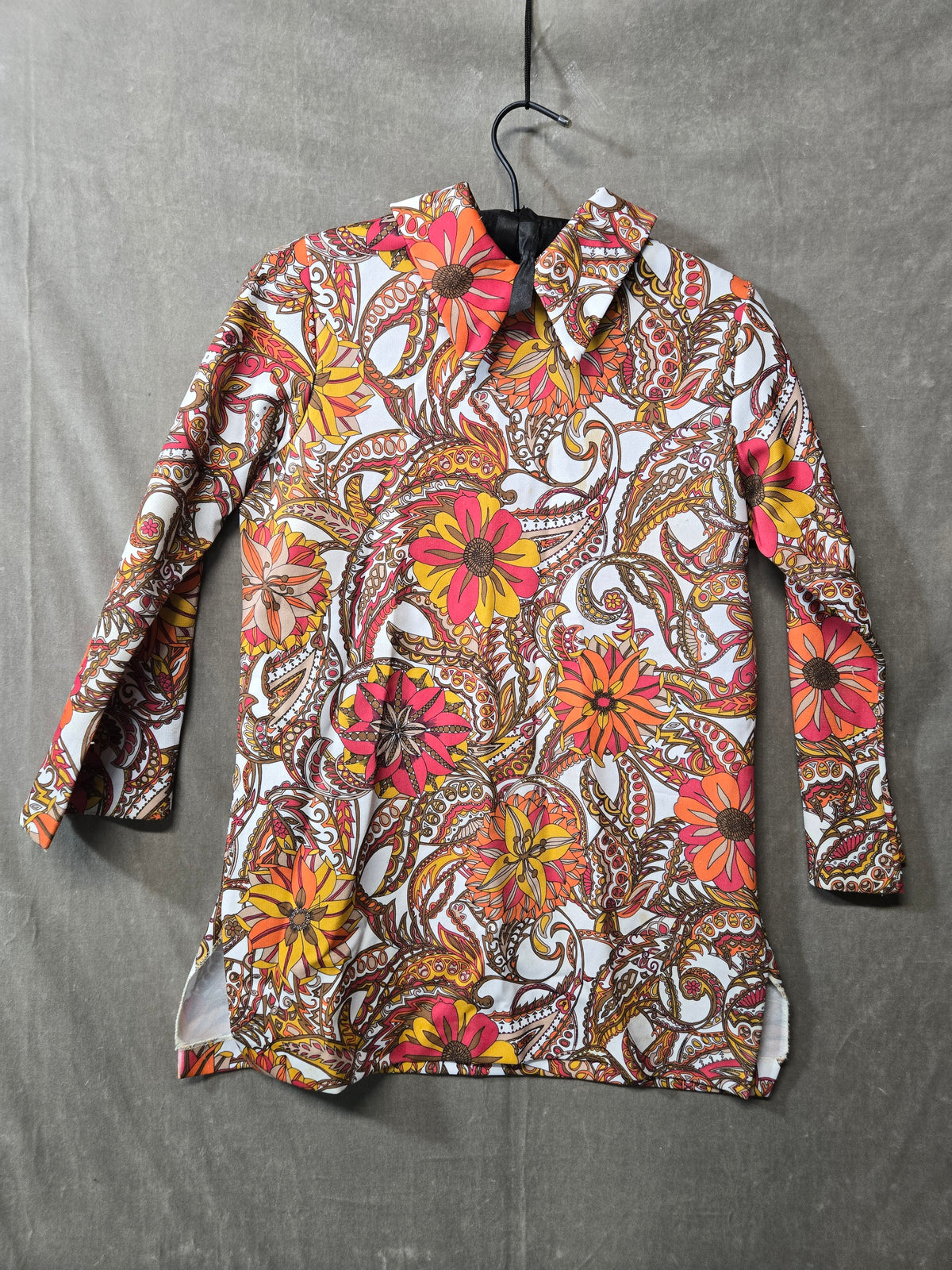 Vintage 70s Women's Psychedelic Floral Mod Tunic Top Dagger Collar Retro Hippie