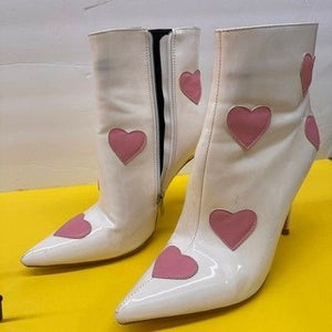 White Patent Leather Heart Print Pointed Toe Stiletto Ankle Boots Pink Hearts 1
