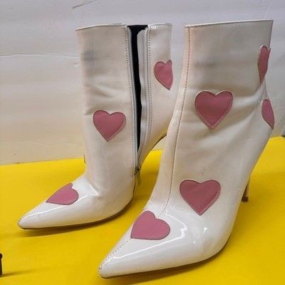 White Patent Leather Heart Print Pointed Toe Stiletto Ankle Boots Pink Hearts