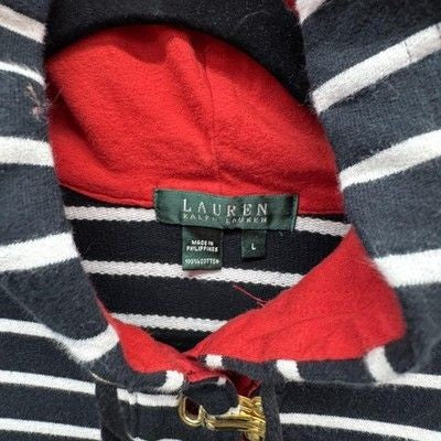 Lauren Ralph Lauren Hoodie Womens Large Black White Striped Toggle Red Lined Pre