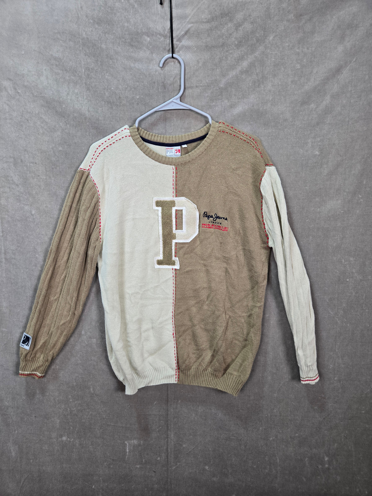 Vintage 90s Pepe Jeans London Colorblock Sweater Big P Logo Knit Men's Size XL