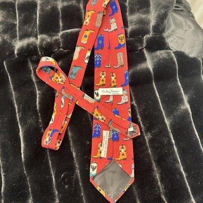 Vicky Davis Tie Mens Cowboy Boots Red Silk Novelty Western Print Pre-Owned Good