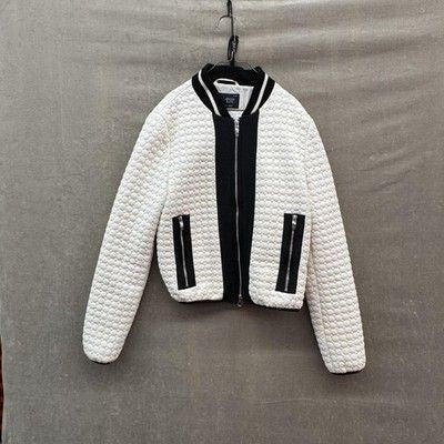 Armani Jeans Jacket Womens EU 40 White Black Quilted Bomber Zip Pockets AJ Logo