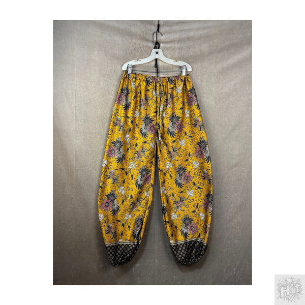 Handmade Vibrant Yellow Floral Pattern Loose Fit Pants with Drawstring