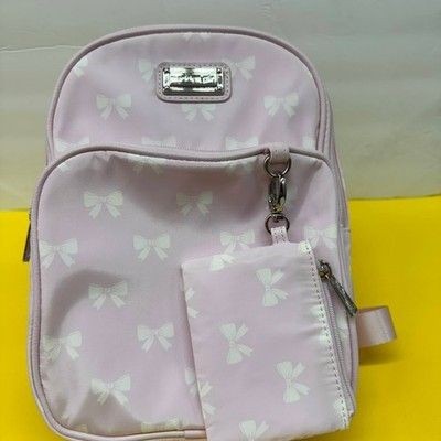 Madden Girl Pink Mini Backpack with White Bow Print and Detachable Coin Pouch