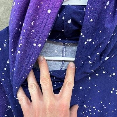 Hoodie Womens XL Purple Pink Ombre Splatter Cowl Neck Kangaroo Pocket Galaxy
