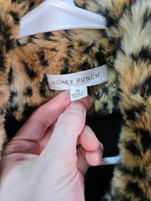 HONEY PUNCH Women's Leopard Print Long Sleeve Fur Coat Fall Winter Size M 2