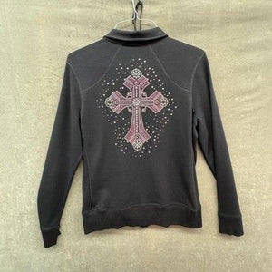 Danskin Now Jacket Womens XL Black Full Zip Rhinestone Cross Embellished Track 3