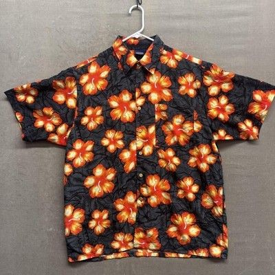 Mens Large Black Orange Floral Hawaiian Button Up Short Sleeve Shirt Pre-Owned