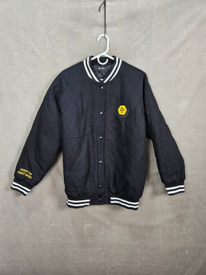 Bumble Logo Black Men's Varsity Bomber Jacket Snap Front Size M NWT 1