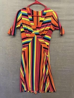 Stripe Dress Womens Large Short Sleeve V Neck Stretch Retro Boho Party Casual 2