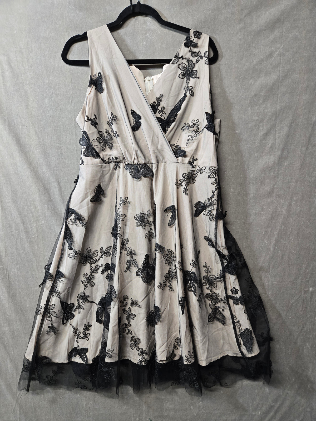 Women's Butterfly Embroidered Lace Fit Flare Dress Beige Black 50s Swing 2XL