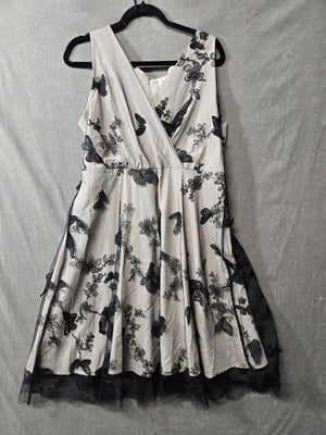 Women's Butterfly Embroidered Lace Fit Flare Dress Beige Black 50s Swing 2XL 1