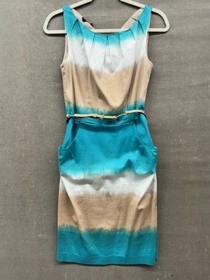 Nine West Dress Womens 8 Blue Beige White Sleeveless Belted Pocket Sheath Summer 1
