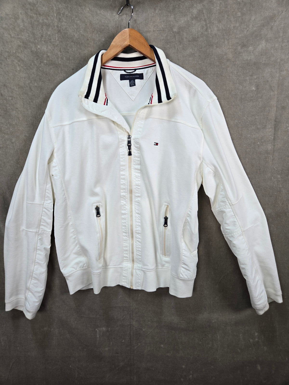 Tommy Hilfiger Mens White Zip Up Bomber Jacket Rib Collar Size L/G